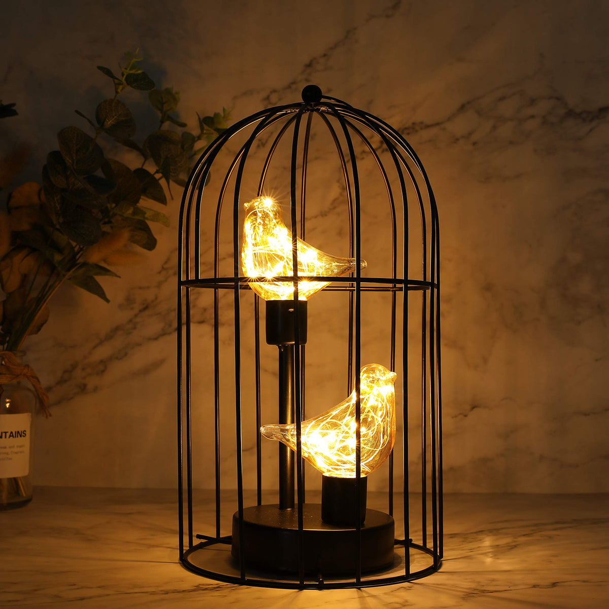 JHY DESIGN Birdcage Decorative Lamp Battery Operated 12" H Cordless Table Lamp with Warm White Fairy Lights Bird Bulb for Indoor Bedroom Living Room Home Wedding Xmas(Black)