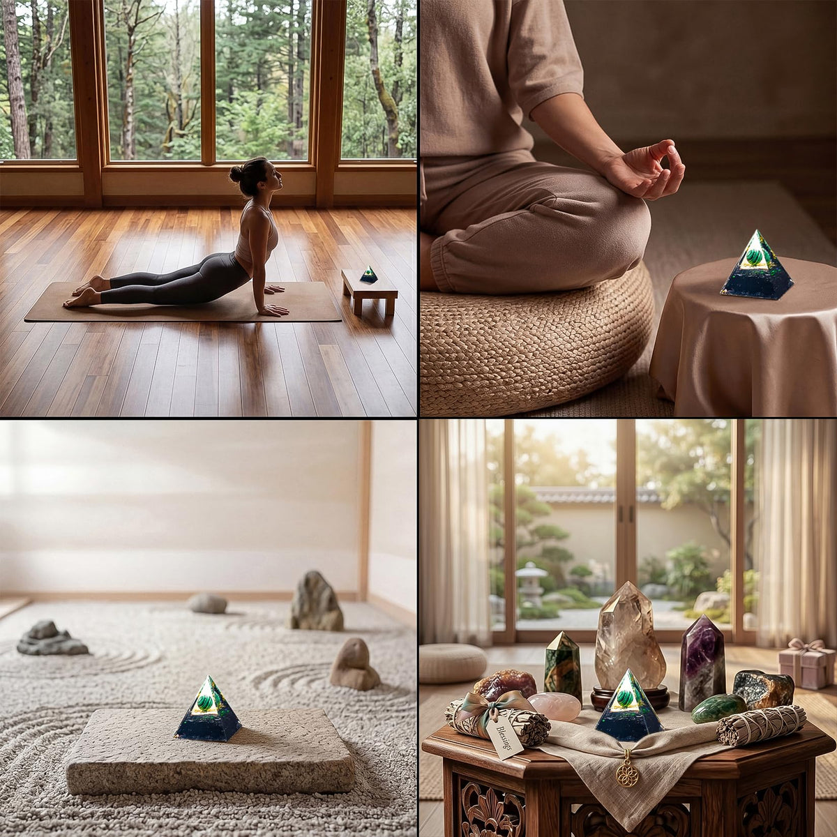 Orgone Crystal Pyramid for Positive Energy, Malachite Sphere Sacred Geometry Healing Crystal Pyramid, Obsidian Crystal Chips Energy Generator, Meditation Energy Healing Decor & 2 pcs Rose Quartz Heart