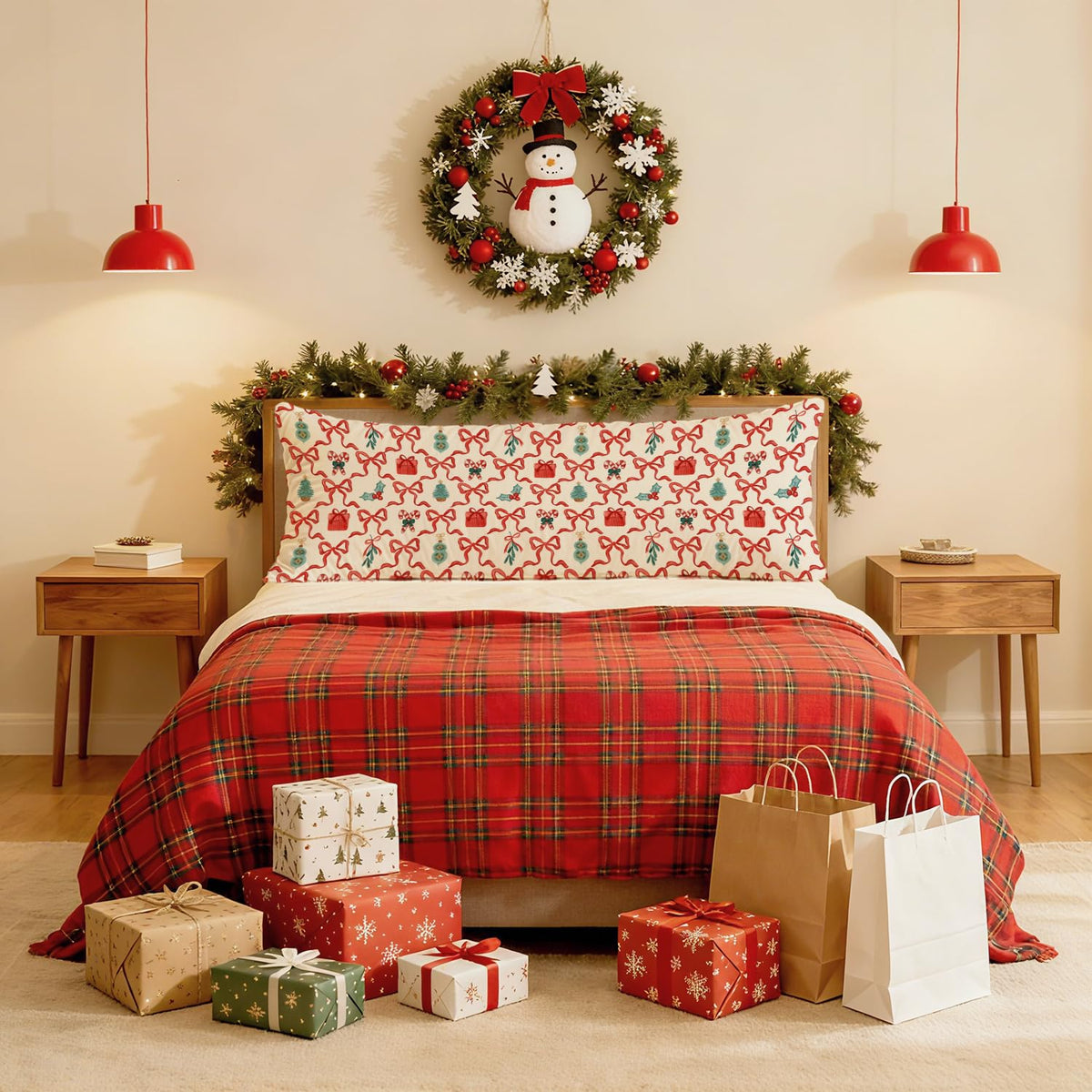 PIUD Coquette Red Bow Christmas 20x54 Body Pillow Cover, Preppy Christmas Decor, Red and Green Xmas Candy Cane Holly Berries Decorative Long Body Pillow Cases for Bed Couch