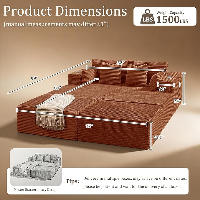 72" Cloud Sectional Couch, Comfort Sleep Sofa