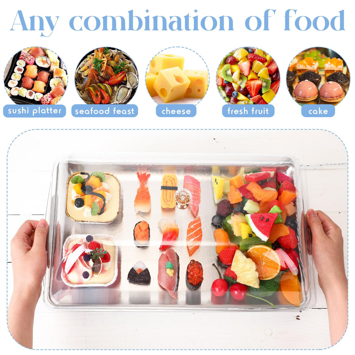 Baderke 1 Set 16" x 9" Chilled Serving Tray for Parties with Compartments and Lid Charcuterie Serving Board Ice Rectangle Chilled Party Platter for Seafood Vegetable Fruit Shrimp Cocktail (Silver)
