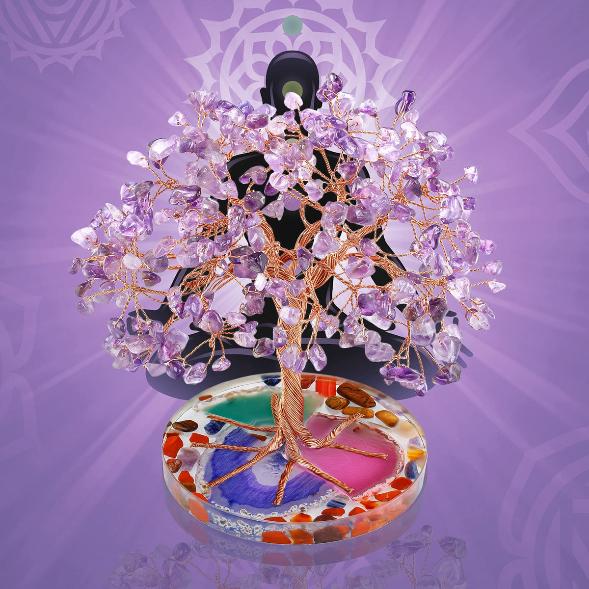 ZenBless 7 Chakra Healing Crystal Stones Tree, Amethyst Leaf Wire Wrapped on Natural Agate Slice Base, Home Decor Desk Room Feng Shui Wealth Luck Spritual Gifts for Valentine's Day Birthday Women