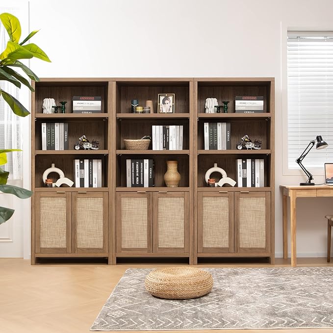 SICOTAS Bookcase 71" Tall Bookshelf 5 Tier Rattan Boho Bookcase