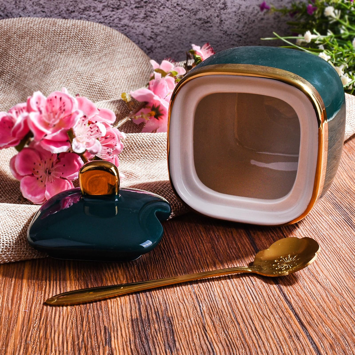 Cerficer Ceramic Sugar Bowl with Lid and Spoon - Emerald Green Golden Trim Porcelain Condiment Jar, Decorative Canister for sauce, Salt, Coffee, Tea, Kitchen Counter & Dining Table