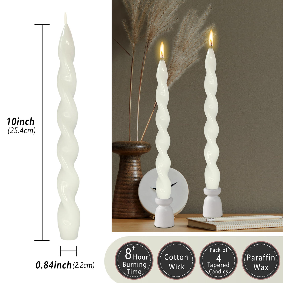 Spiral Taper Candle Long Candlesticks 10 INCH White Tapered Candles Unscented Twisted Candlestick Smokeless Candle Stick for Home Décor Weddings Festive Holiday