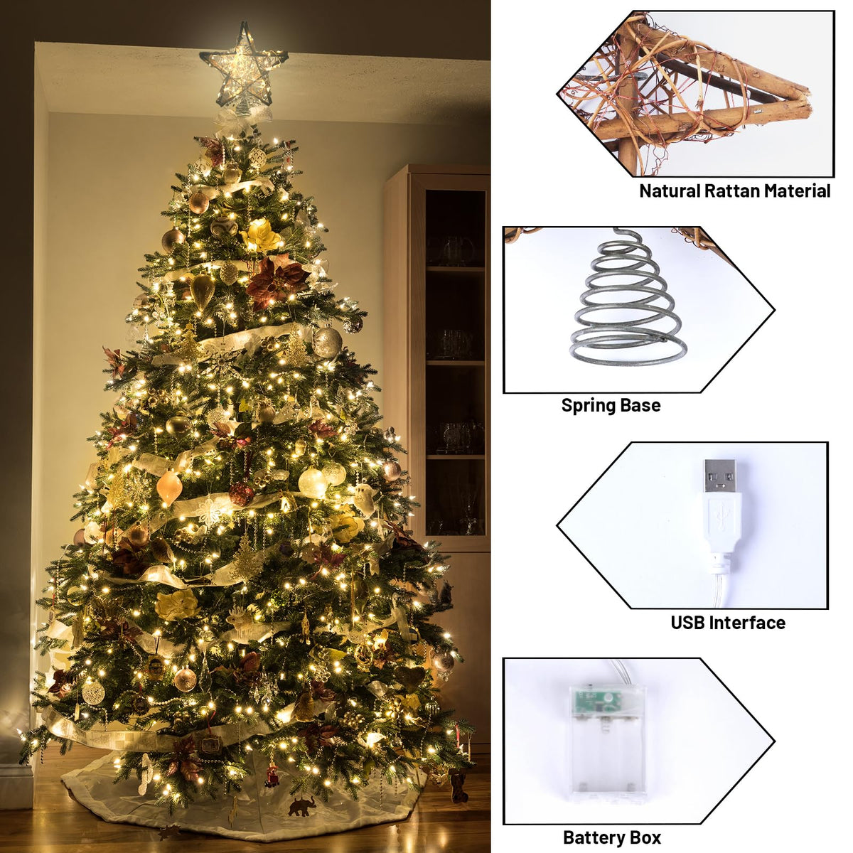 Christmas Tree Topper Star,Rattan Christmas Tree Topper with 50 LED Light,10 Inch Warm White Light Rustic Star for Christmas Tree Decoration Holiday Farmhouse Decor Battery & USB Powered