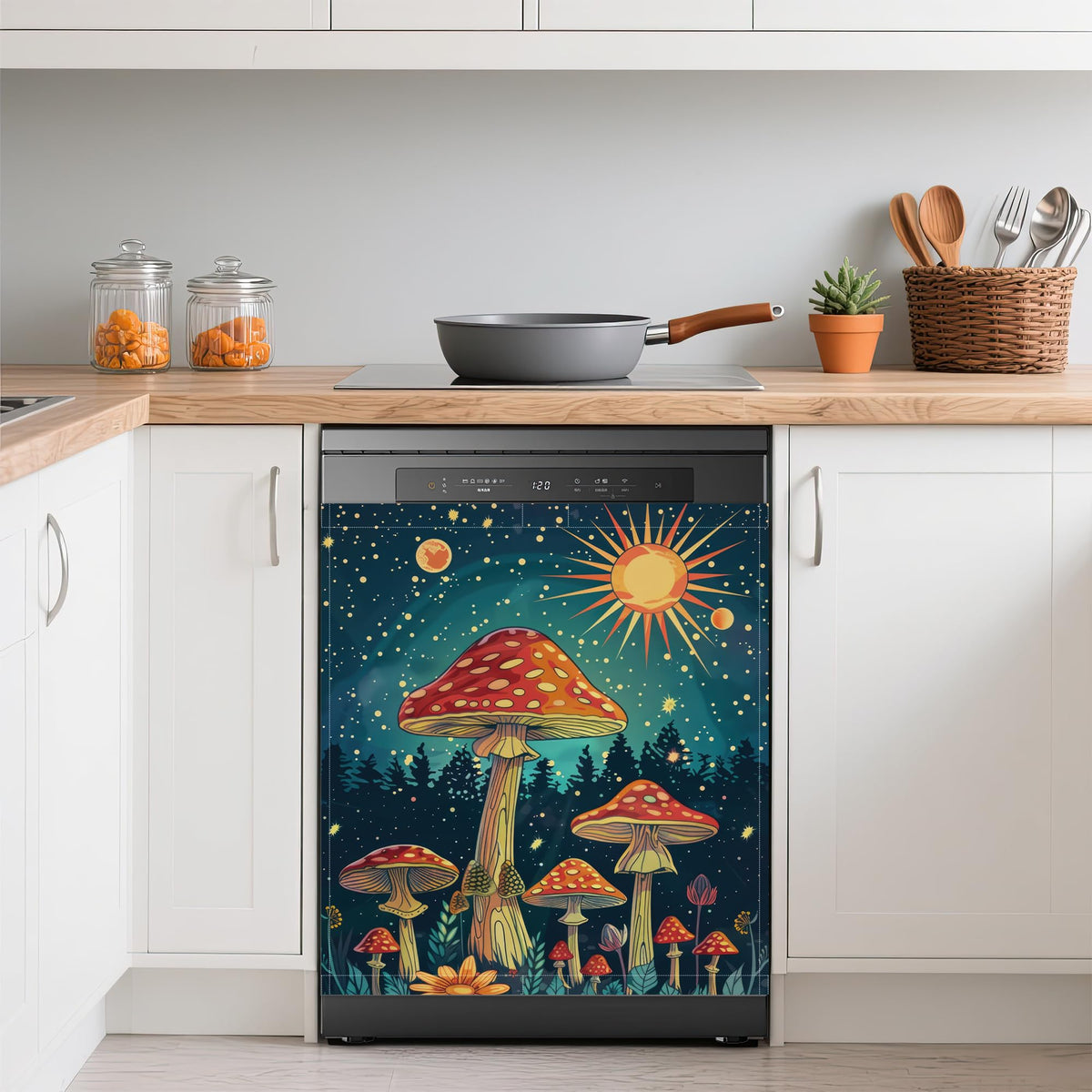 Red Mushroom Dishwasher Covers for The Front Magnetic,Starry Sky Forest Refrigerator Magnets Decoration,Reusable Dishwasher Cover Panel for Home Kitchen Decor 23x26 Inch