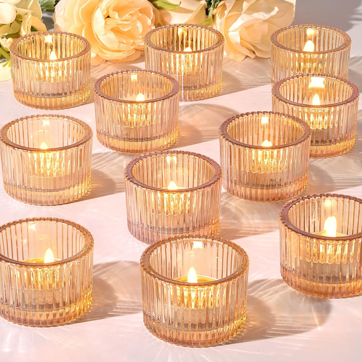 HAVITI 24 Pack Tealight Gold Candle Holders, Votive Tea Light Candle Holder Glass for Gold Centerpieces Fall Wedding Table Decor, Party Supplies, Home Decor