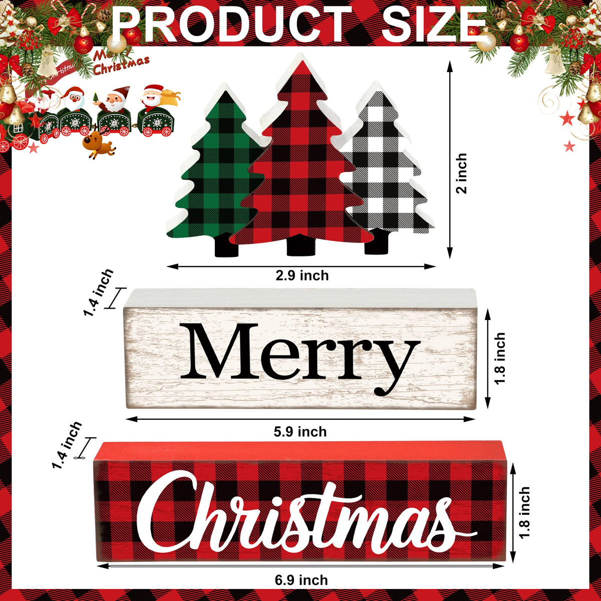 3 Pcs Merry Christmas Table Wooden Decor Christmas Tree Wood Block Sign Xmas Buffalo Plaid Tabletop Centerpiece Xmas Rustic Tiered Tray Decor for Winter Farmhouse Home Kitchen Office Shelf Decoration