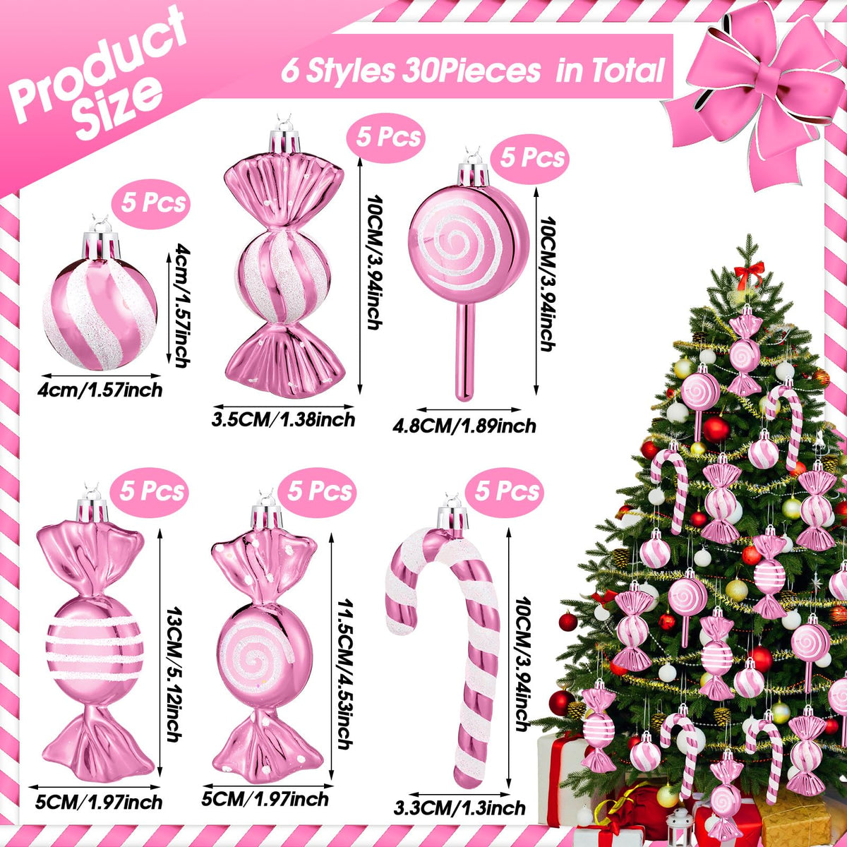 Liliful 30 Pcs Christmas Candy Cane Lollipop Ornaments Set Plastic Holiday Peppermint Candy Home Hanging Ornament Lollipop with Rope for Xmas New Year Party Decor(Pink White)