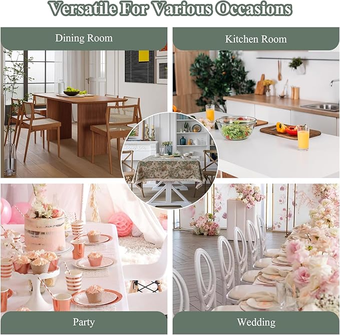 VClife Aesthetic Green and Beige Floral Table Cloth, Linen Texture Table Cloth