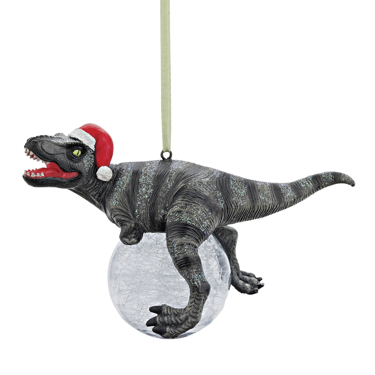 Design Toscano Blitzer the T Rex Dinosaur Christmas Tree Ornament, 5 Inch Long, Cast Stone Resin with Glass Ball, Green Glitter Finish
