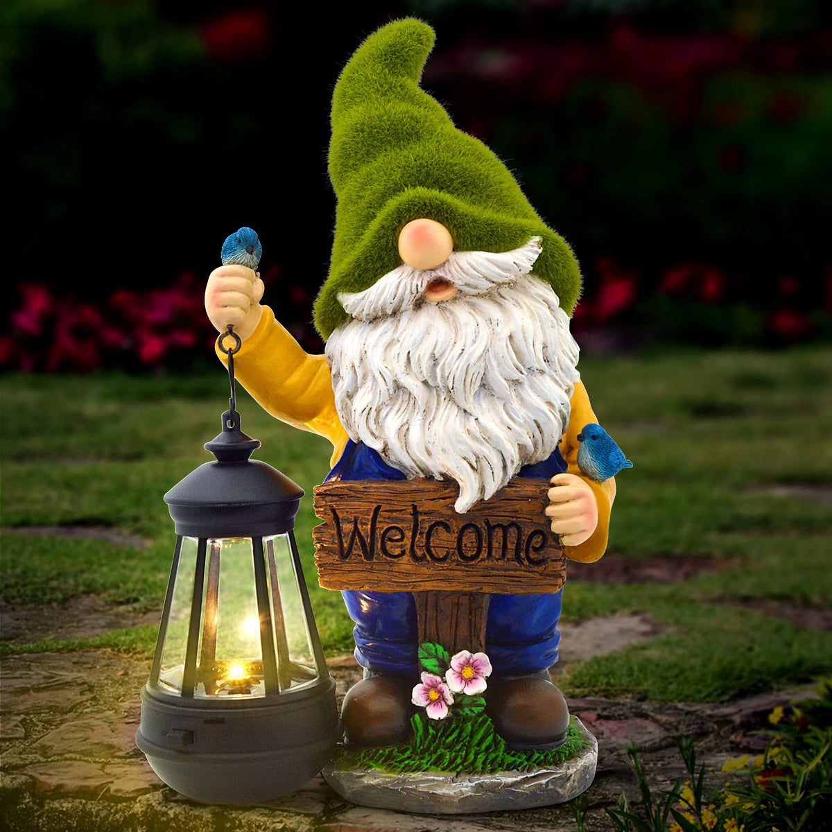 Olekki Christmas Garden Gnomes Outdoor - Flocked Gnome Statue Holding Lantern with Solar LED Lights | Gnomes Garden Decorations for Patio, Yard, Lawn Ornaments - Gnome Gifts