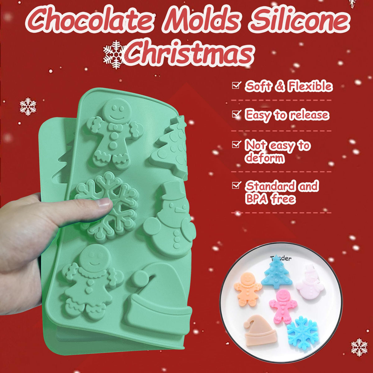 Zorazio 2Pack Christmas Silicone Cookie Chocolate Molds,Christmas Tree Silicone Mold, 12-Cavity Christmas Chocolate Mold for Candy Cookies Including Snowman Snowflakes Santa Hat