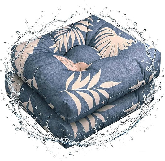 Set of 2 Outdoor Floral Square Seat Cushions Waterproof Patio Seat Pad Blue