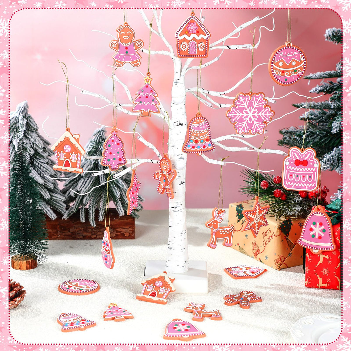 Vertintong 30 Pcs Pink Christmas Gingerbread Hanging Ornaments Pastel Gingerbread Ornaments Soft PVC Christmas Tree Wall Hanging Decoration for Xmas Party Office Home Decor Winter