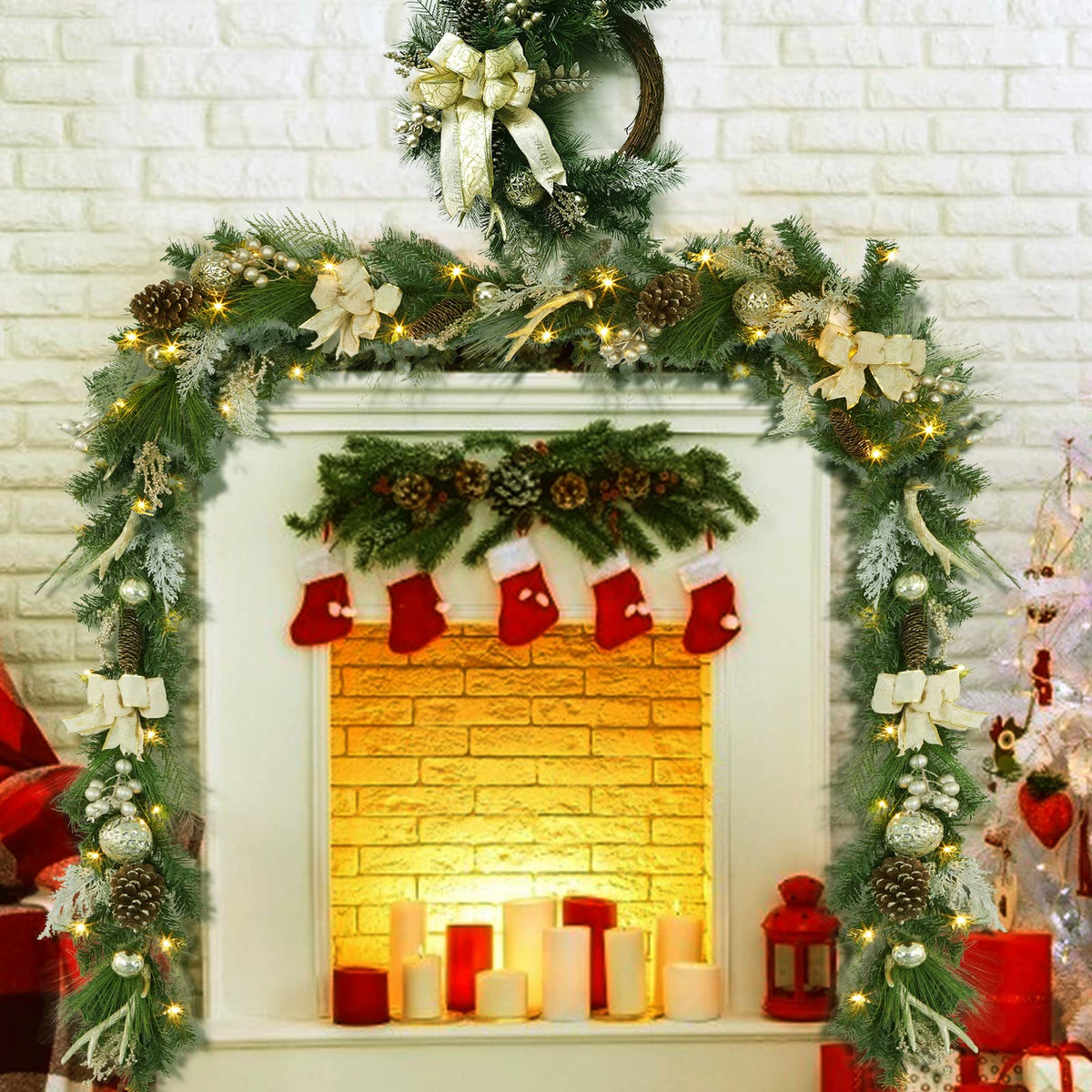 Adeeing 6 FT Christmas Garland with Lights, Pre-lit Outdoor Garland with Battery Operated 20 LED Lights, Holiday Garland with Stars, Flower, Berry Branches(Gold)