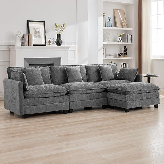 111'' Sectional Cloud Deep Seat Couch, Modern Comfy Chenille L Shaped Sectional