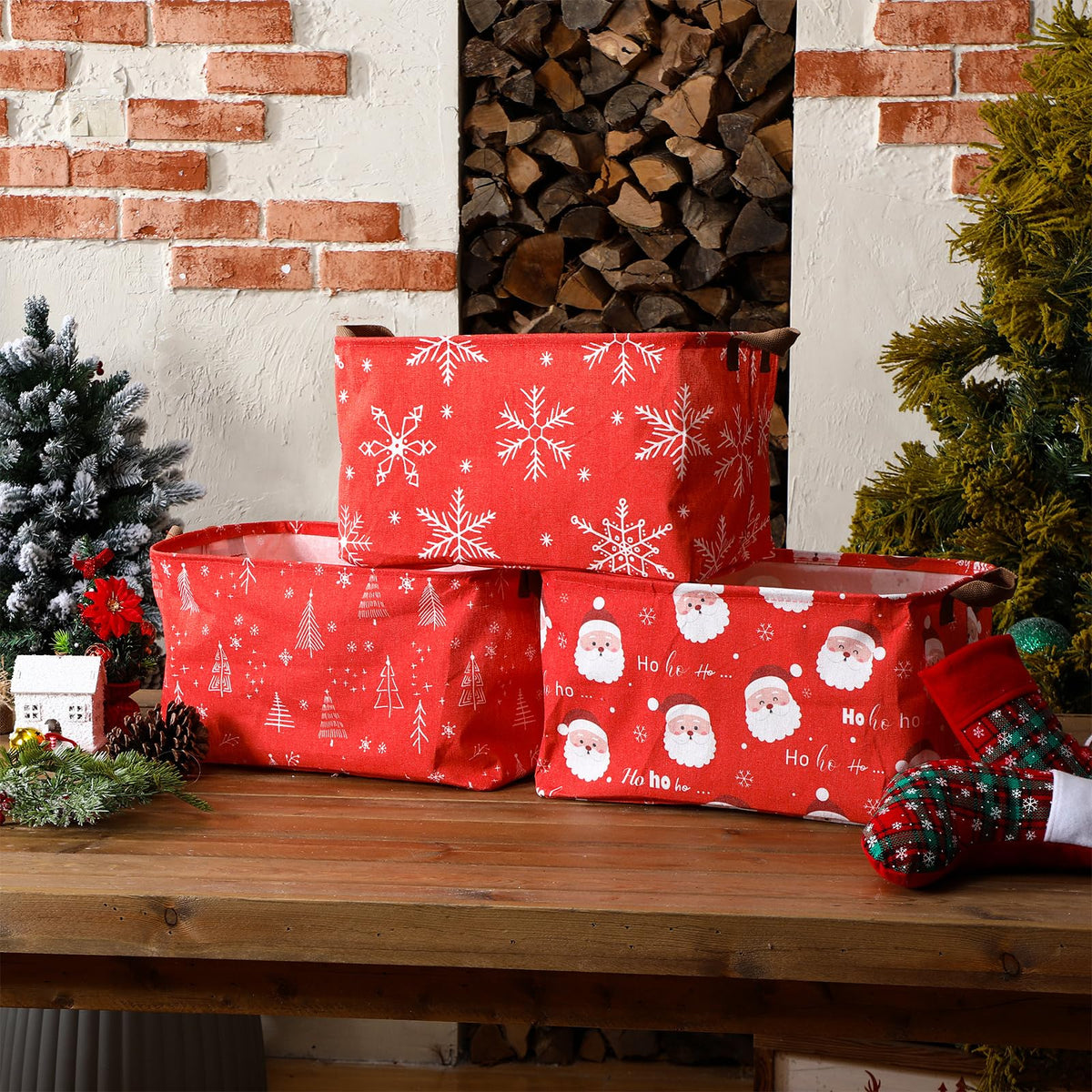 Layhit 3 Pcs Christmas Storage Bins Large Foldable Christmas Basket with Handles Xmas Tree Santa Snowflake Boxes Red white Fabric Collapsible Basket for Cloth Toy Book Ball Party Supplies