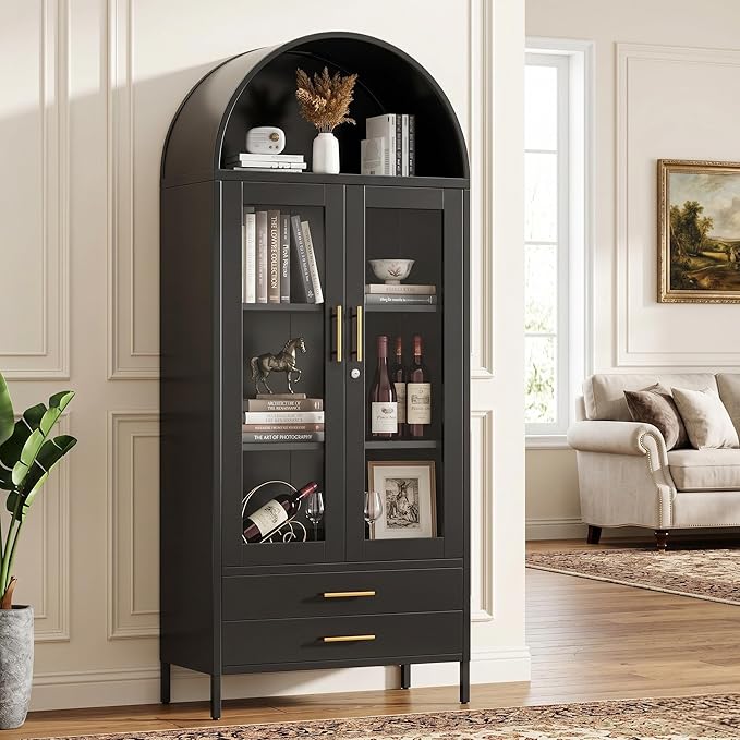 73" Tall Display Cabinet with Glass Doors and 2 Drawers, Metal Arched Cabinet