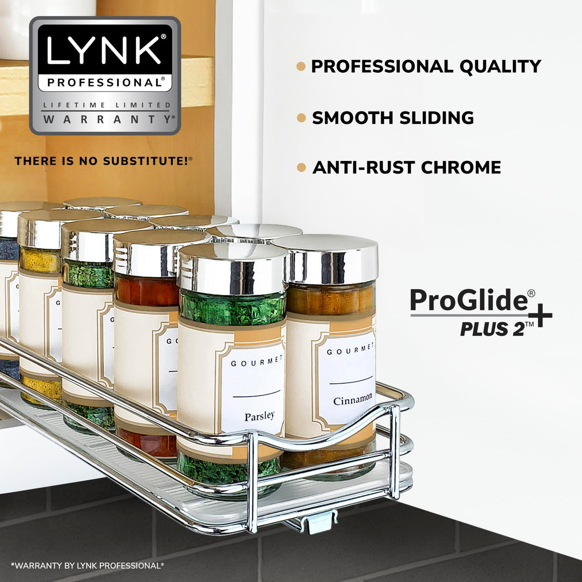 LYNK PROFESSIONAL® Pull Out Spice Organization for Cabinets - 4-3/8 inch Wide – Spice Rack for Inside Cabinets, Slide Out Spice Rack Organizer for cabinet – Pull Out Spice Rack, Sliding 1 Tier Chrome