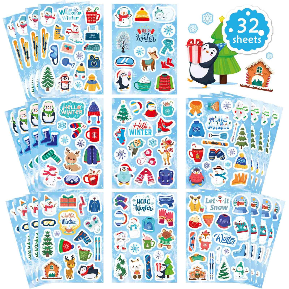 564 PCS Winter Stickers for Kids, Hello Winter Theme Stickers with Christmas Tree Snowman Snowflake Penguin, Winter Holiday Stickers for Gifts Christmas Party Favors