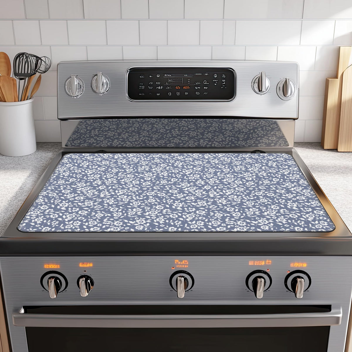 Stove Top Covers,Light Blue Flower Rubber Flat RV Range Stovetop Protector,Prevents Scratching, Expands Usable Space 28.5'' x 20.5''