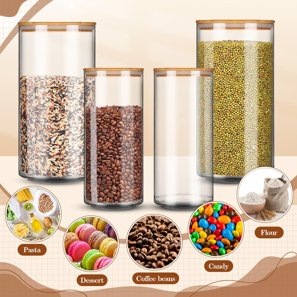 Vesici 4 Pcs Large Acrylic Storage Canister 180 oz and 93 oz Jars with Bamboo Lids Clear Acrylic Canister Unbreakable Airtight Storage Jars for Kitchen, Coffee Rice Pantry Organization