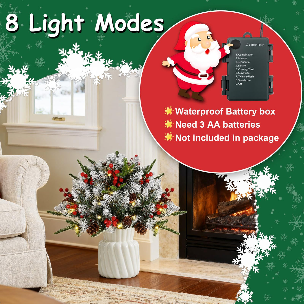 JOYHALO 2 Pack Set 22Inch Christmas Urn Filler with 40 Warm White Lights, Christmas Pot Fillers with White PVC&PE Branches, Outdoor Christmas Trees for Porch Pathway Entryway Yard Decorations