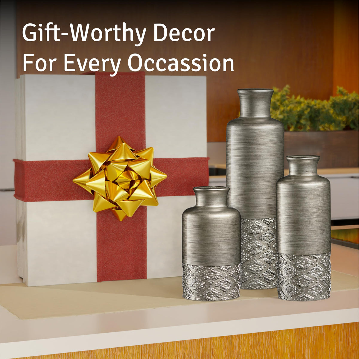 Creative Scents Dublin Silver Vases - Set of 3 Vases for Flowers, Decorative Vases, Farmhouse Decor, Premium Décor, Centerpiece Table Decorations for Your Kitchen, Bedroom, Office, Living Room