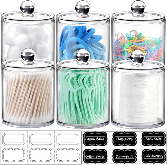 SheeChung Clear Acrylic Apothecary Jars - 6-Pack Qtip Holder Set (3) 10oz & (3) 12oz - Shatterproof Bathroom Organizer