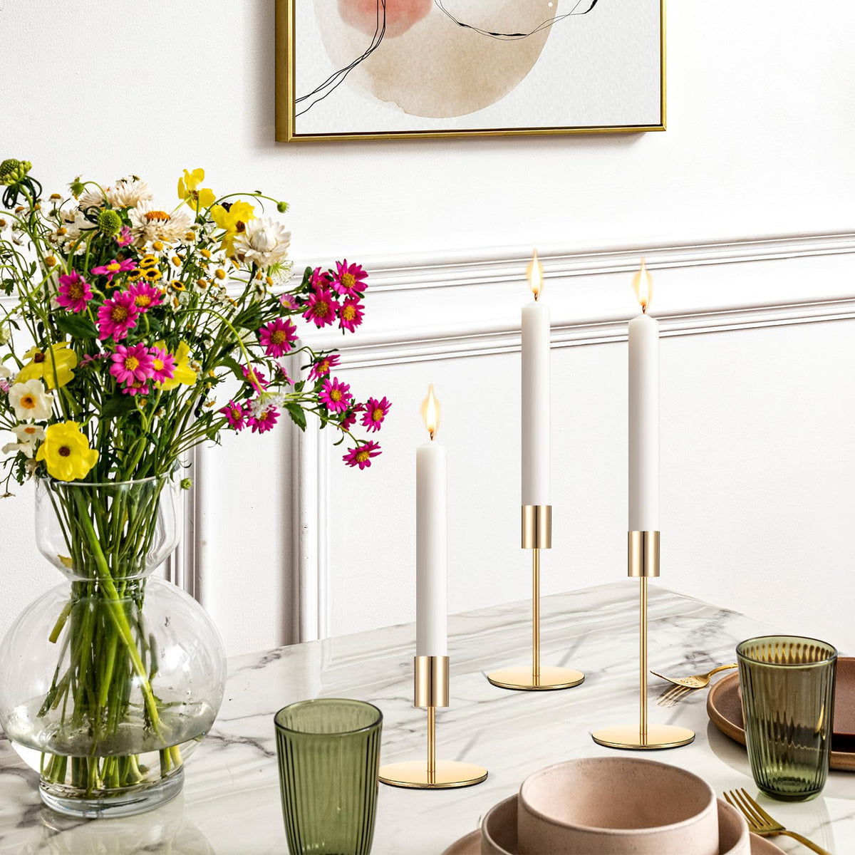 6 Pcs Gold Taper Candle Holders Set, Metal Candlestick Holder for Dining Table Centerpiece, Wedding, Mantel Decor, and Housewarming Gift