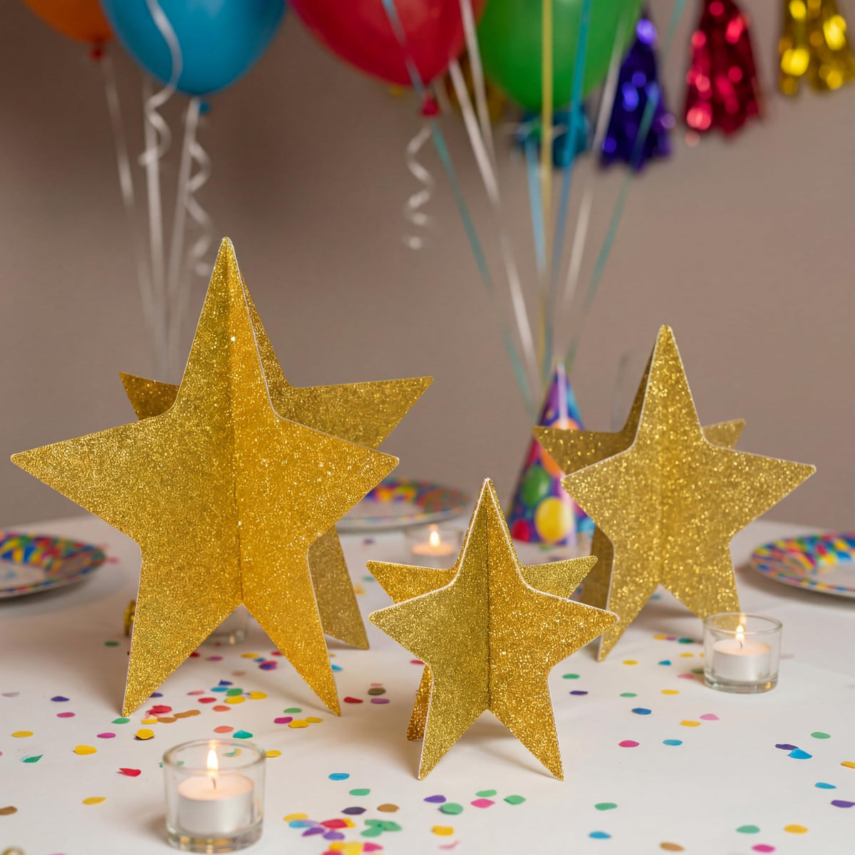 AmazingSpark 9 Pcs Large Star Centerpieces Gold 3D Back to School Star Table Decorations in 3 Sizes 10" 8" 6" for Birthday Party Baby Shower Gathering Ceremony Movie Night Supplies (Glitter Gold)