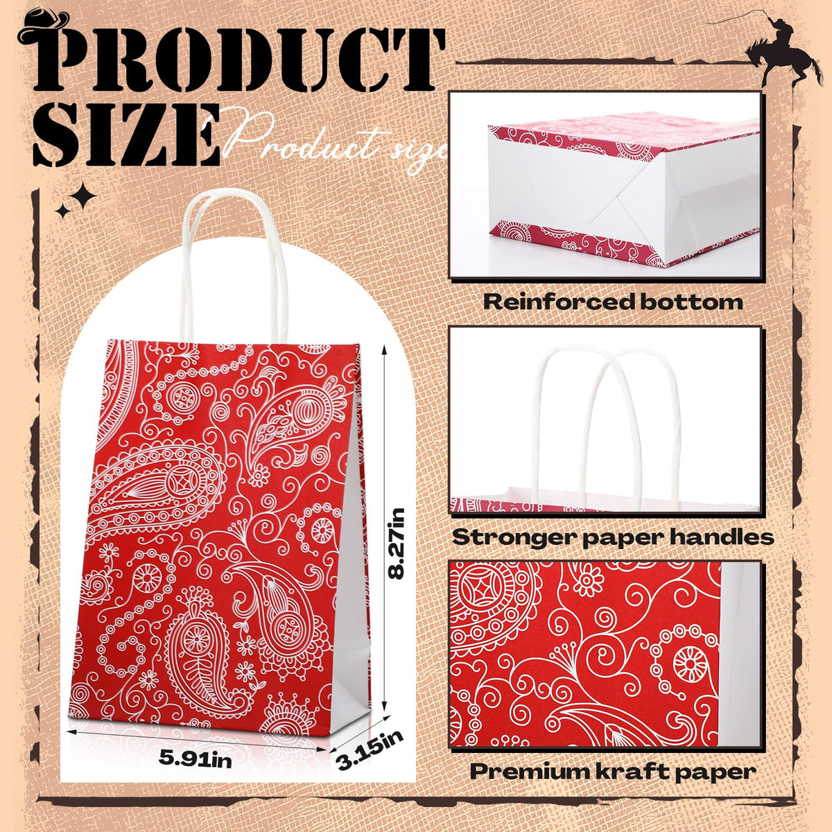 Marspark 24 Pcs Western Cowboy Party Favor Gift Bags Rustic Hat Boots Paisley Goodies Treat Paper Totes with Handle for Birthday Christmas Party, 4 Styles