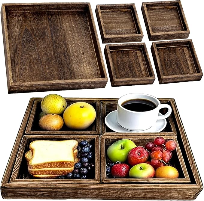5-Piece Rustic Wooden Serving Tray Set, Handcrafted Nesting Trays