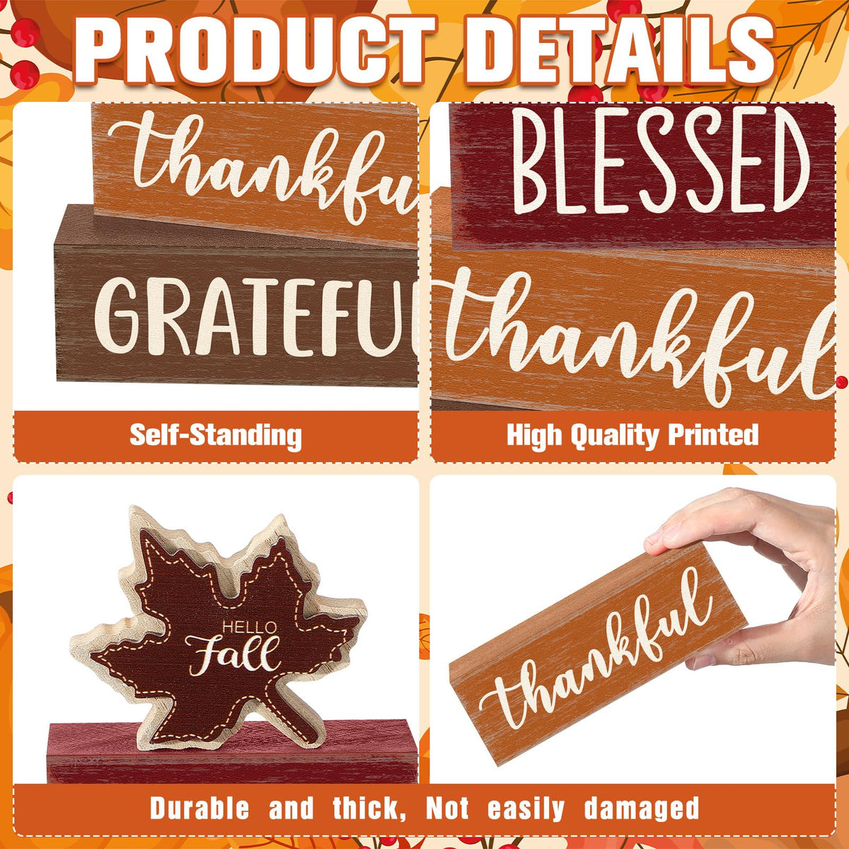 Yousoontic 4 Pcs Hello Fall Wooden Table Decorations Maple Leaf Autumn Rustic Block Signs Centerpiece Tiered Tray Decor Thanksgiving Wood Farmhouse Tabletop Decor Gift for Kitchen Entryway Home Desk