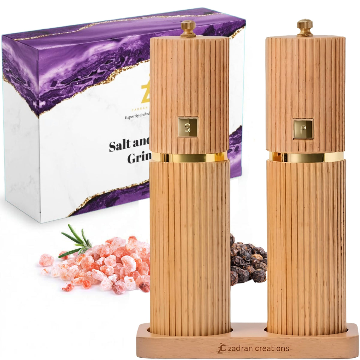 Wooden Salt and Pepper Grinder Set – Refillable Beechwood Salt & Pepper Mills with Gold Accents, Adjustable Ceramic Mill, Matching Wood Stand – Premium Kitchen Gift Set