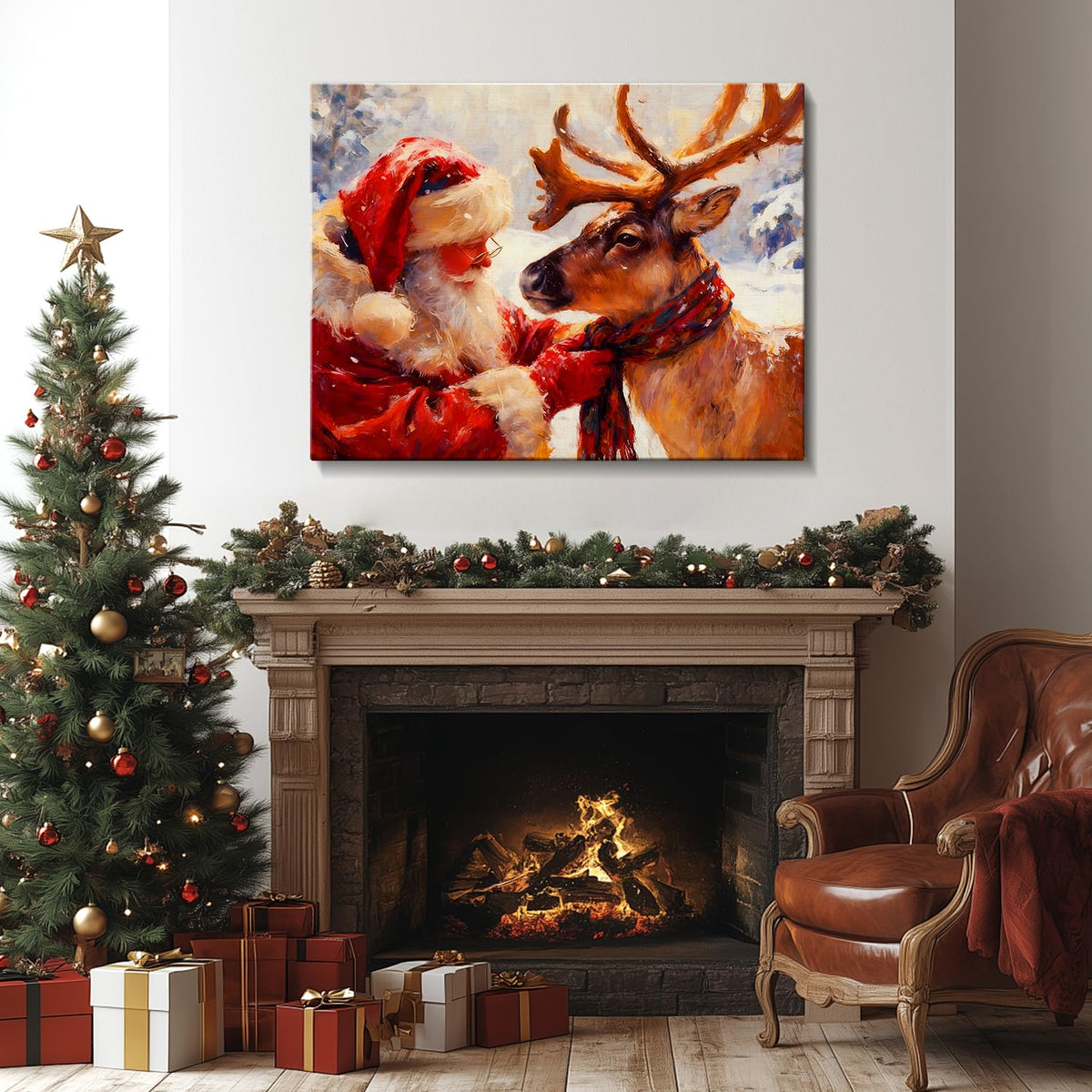 Santa's Reindeer Framed Christmas Wall Art - Festive Holiday Canvas Prints for Living Room Decor, Santa Claus Themed Bedroom Wall Decoration, Ready-to-Hang Christmas Gift Artwork for Home & Office