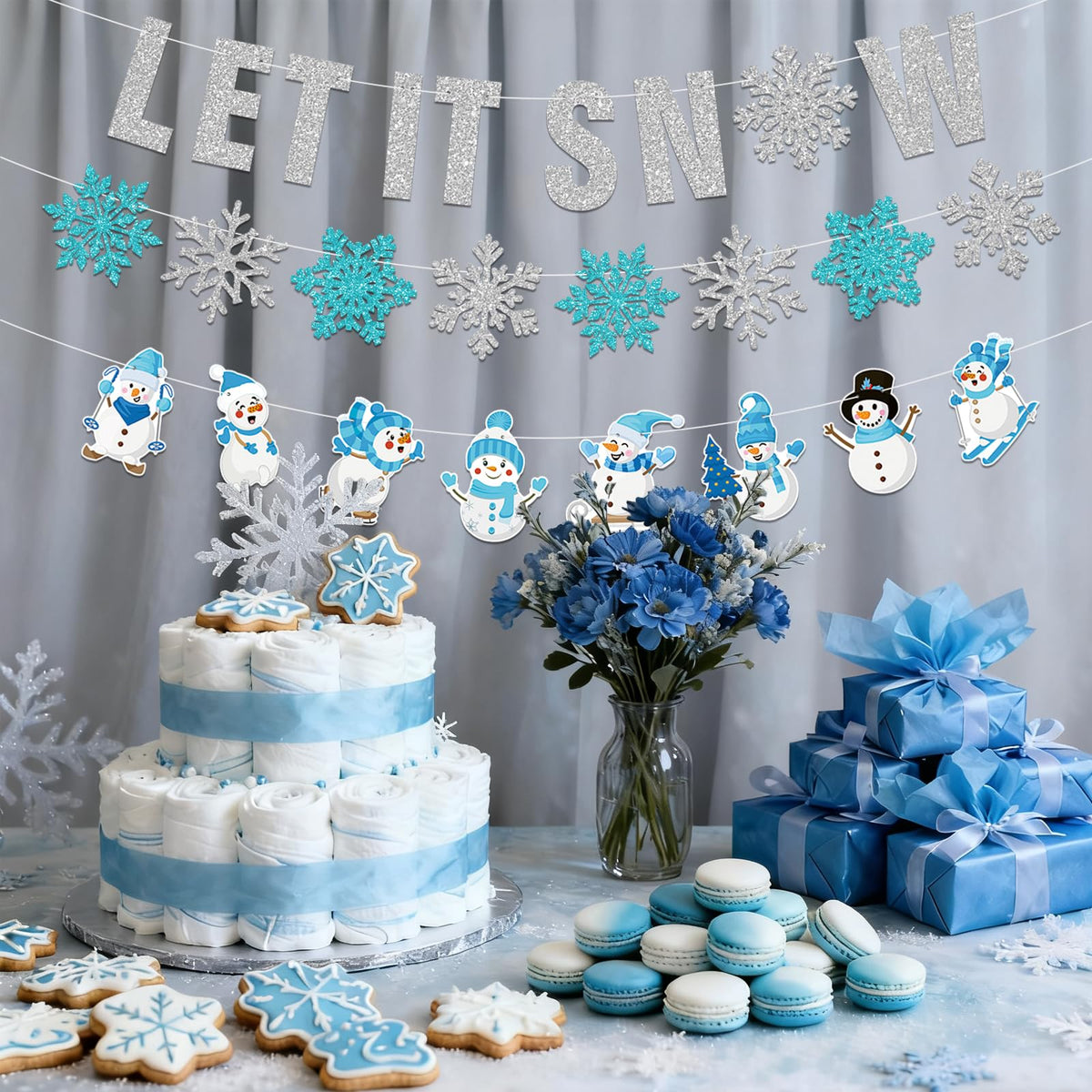 Winter Wonderland Decorations,3Pcs Pre-Strung Glitter Let It Snow Banner Sign,Snowflake Banner,Snowman Garland for Christmas Holiday Party Decorations,Winter Decorations for Home,Wall Indoor Mantle