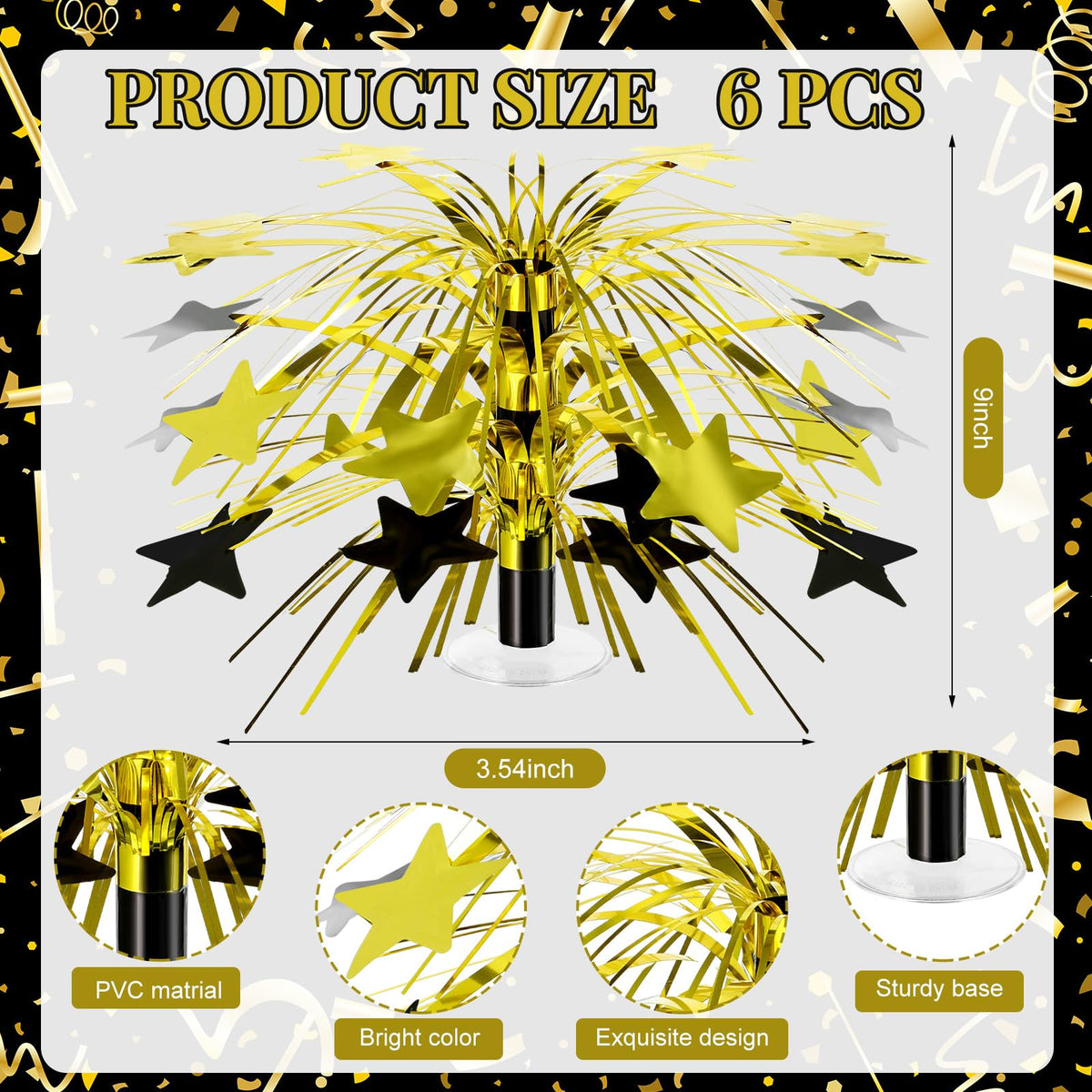 Memorywuu 6 Pcs Black and Gold Centerpieces for Tables Star Party Decorations Metallic Foil Spray Centerpieces for Birthday Event Photo Booth Props, 8.7 Inch Tall