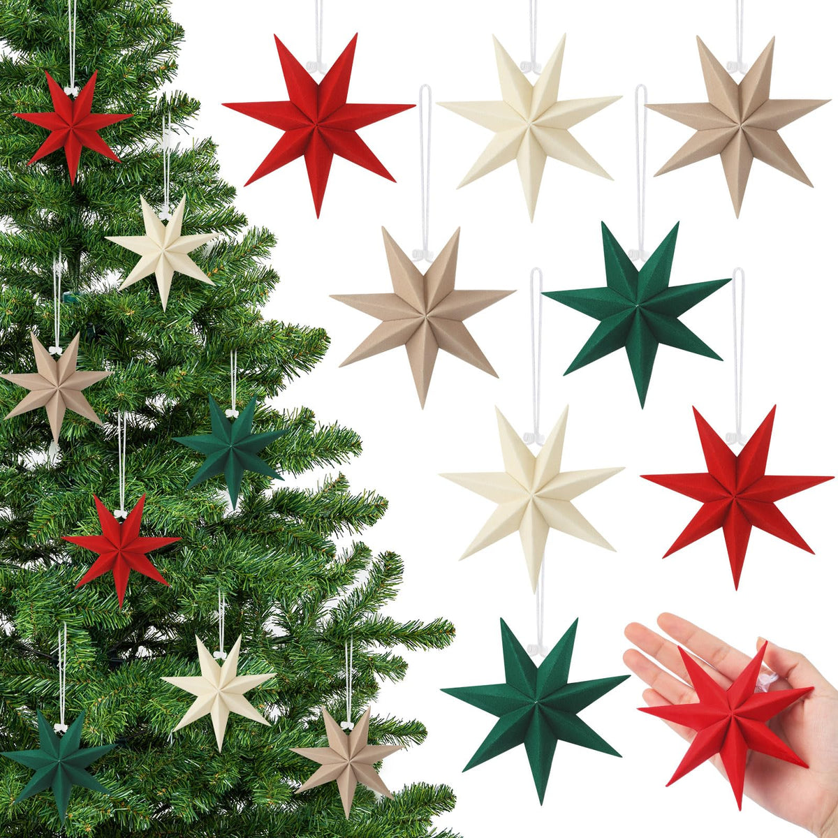 VIHOSE 12 Pcs Velvet Christmas Paper Star Ornaments 4 Inch Neutral Flocked Christmas Hanging Paper Ornament 7 Pointed Xmas Decorations for Xmas Tree Party Indoor Home Door Window