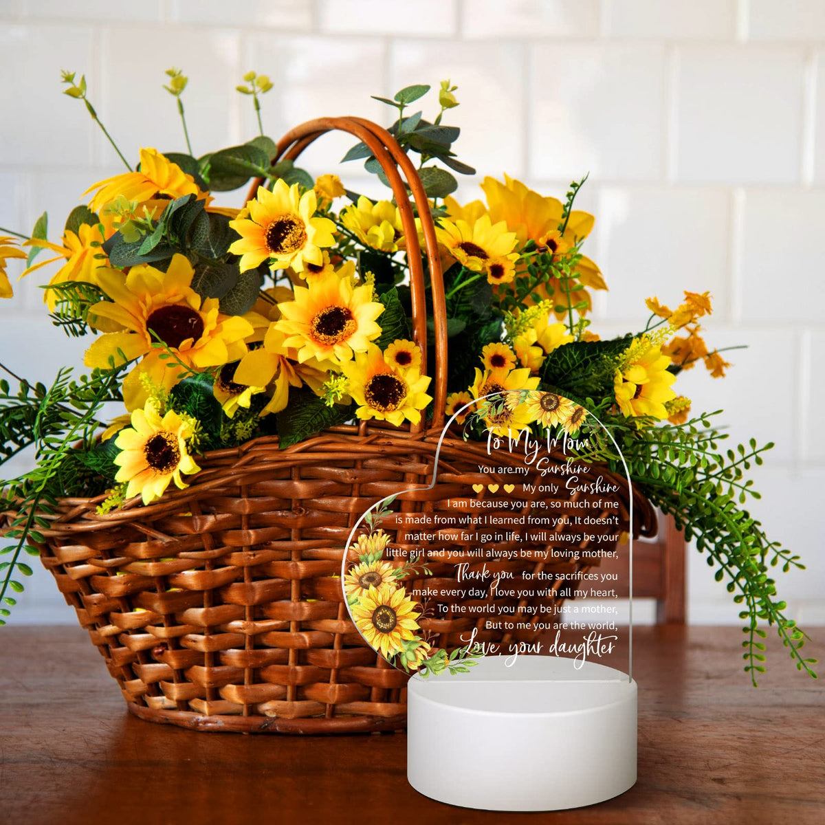Jetec Mothers Day Birthday Gifts from Daughter Son Christmas Thank You Gift for Mom Sunflower Engraved Acrylic Heart Lamps USB Low Power Night Light Table Decor(to My Mom)