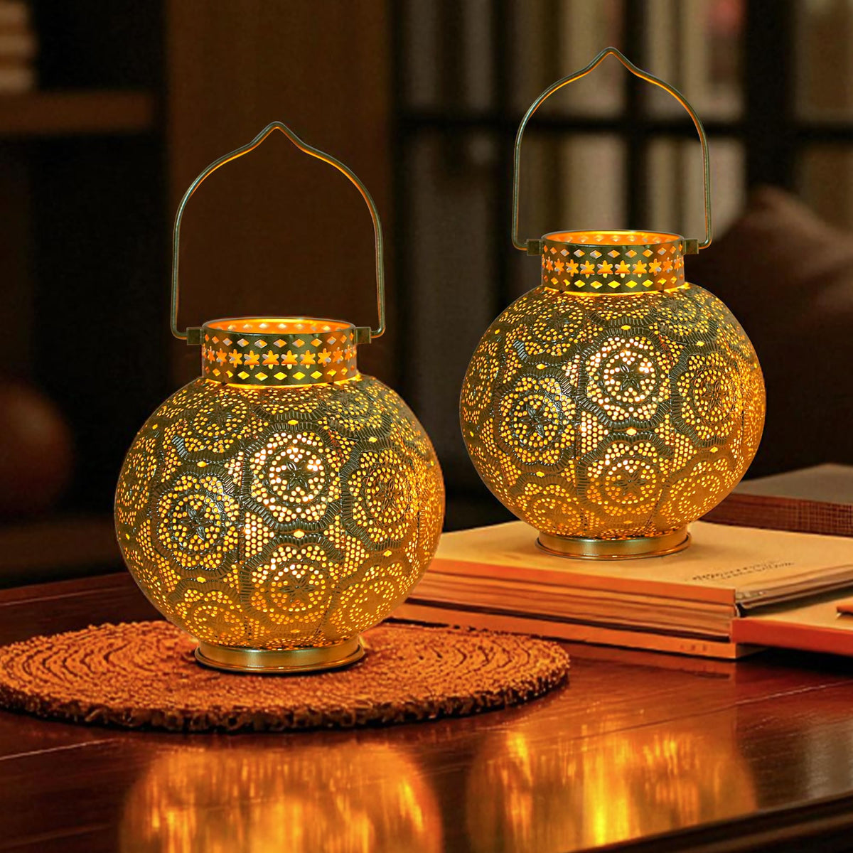 TRIROCKS Set of 2 Moroccan Style Metal Table Lamp 7'' High Battery Powered Cordless Lamp with LED Fairy Lights Bulb Perfect for Home Living Room Parties Tabletop Indoors(Gold)
