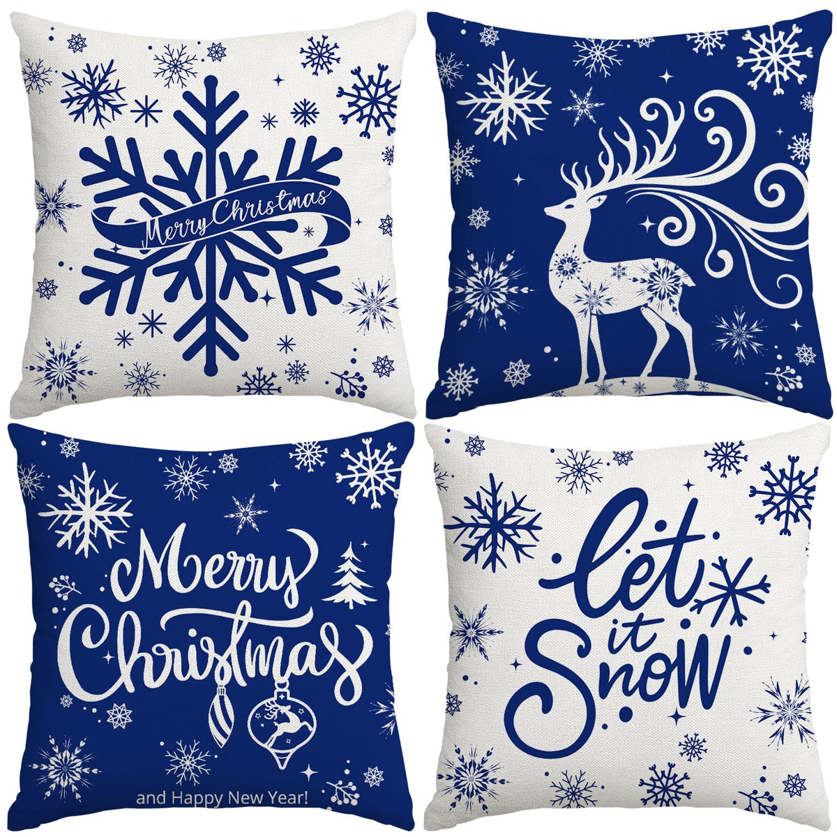 Artmag Merry Christmas Throw Pillow Covers 16x16 inch Snowflakes Let it Snow Moose Winter Holiday Blue Cushion Case for Coach Sofa Decorations Set of 4