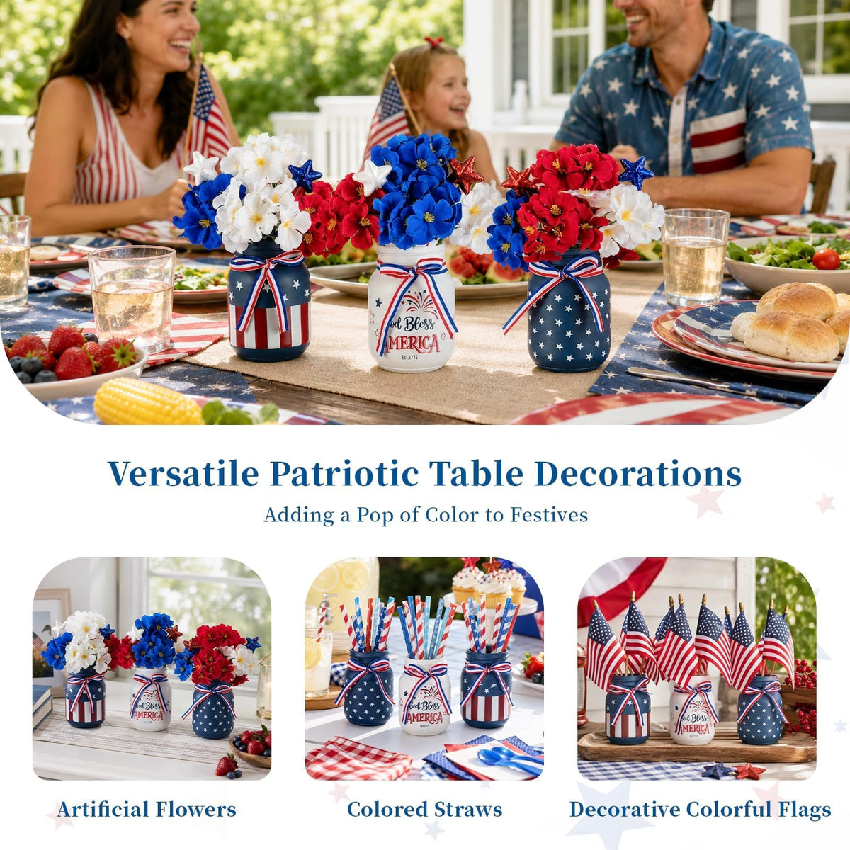 Glasseam 4th of July Vase Set: 3Pcs Patriotic Glass Mason Jars with Red White and Blue Artificial Geranium Star Ribbons - Independence Day USA 250 Anniversary Memorial Table Centerpiece Home Decor