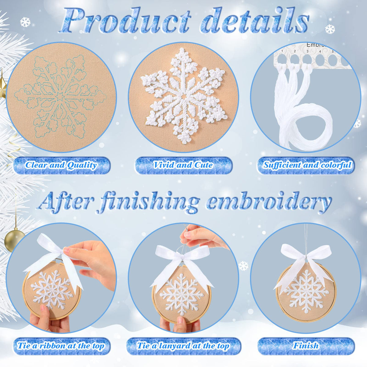 Roowest 6 Sets Christmas Embroidery Kits for Beginners Adults Winter Snowflake Cross Stitch Embroidery Ornament Kit DIY Craft Needlepoint Set with Pattern Instructions Thread Needle Ribbon(Tan)