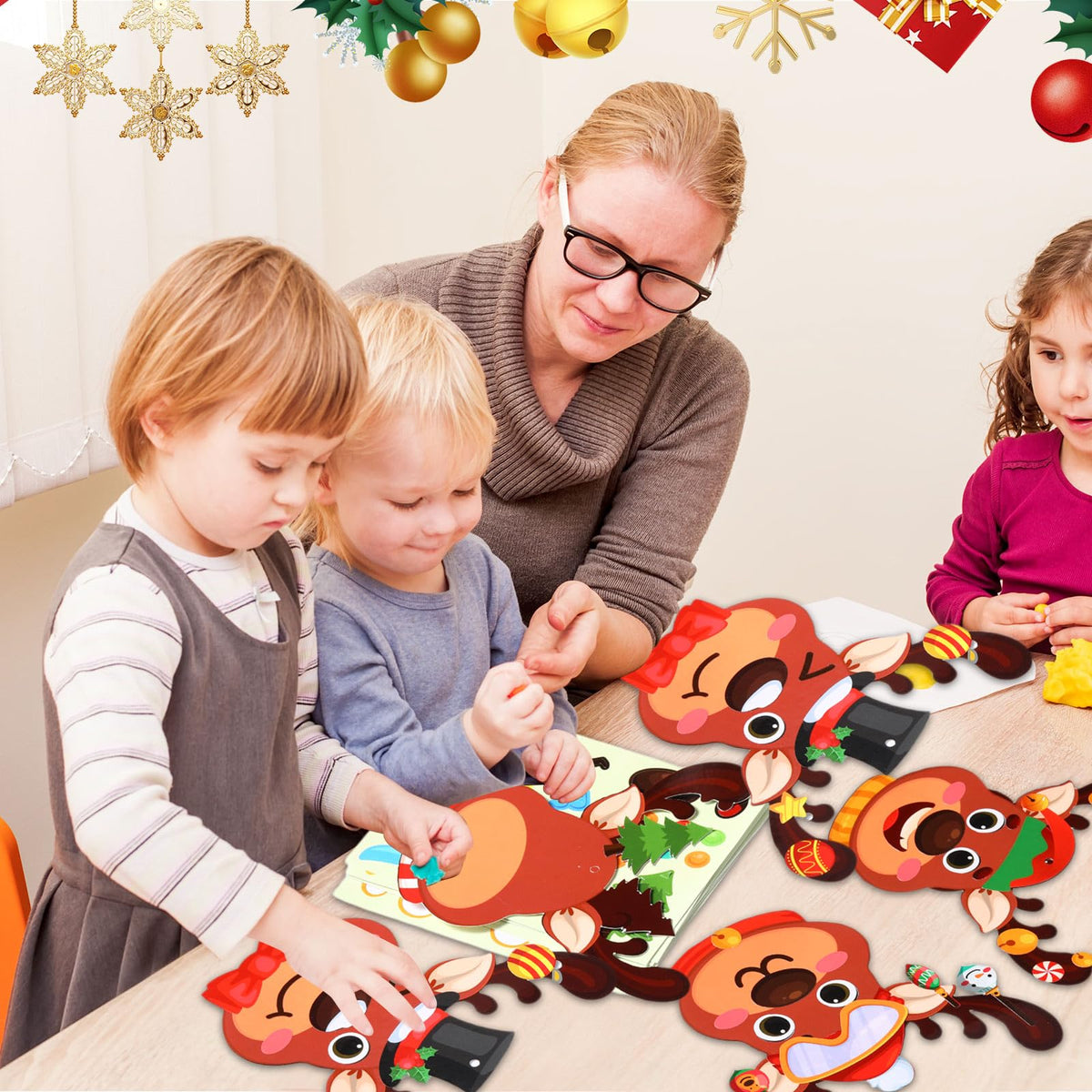 Pasimy 48 Pcs Christmas Crafts Kits for Kids Christmas Reindeer Ornament Crafts DIY Reindeer Ornament Kit Make Your Own Reindeer Craft Stickers for Holiday Xmas Classroom Party Favors
