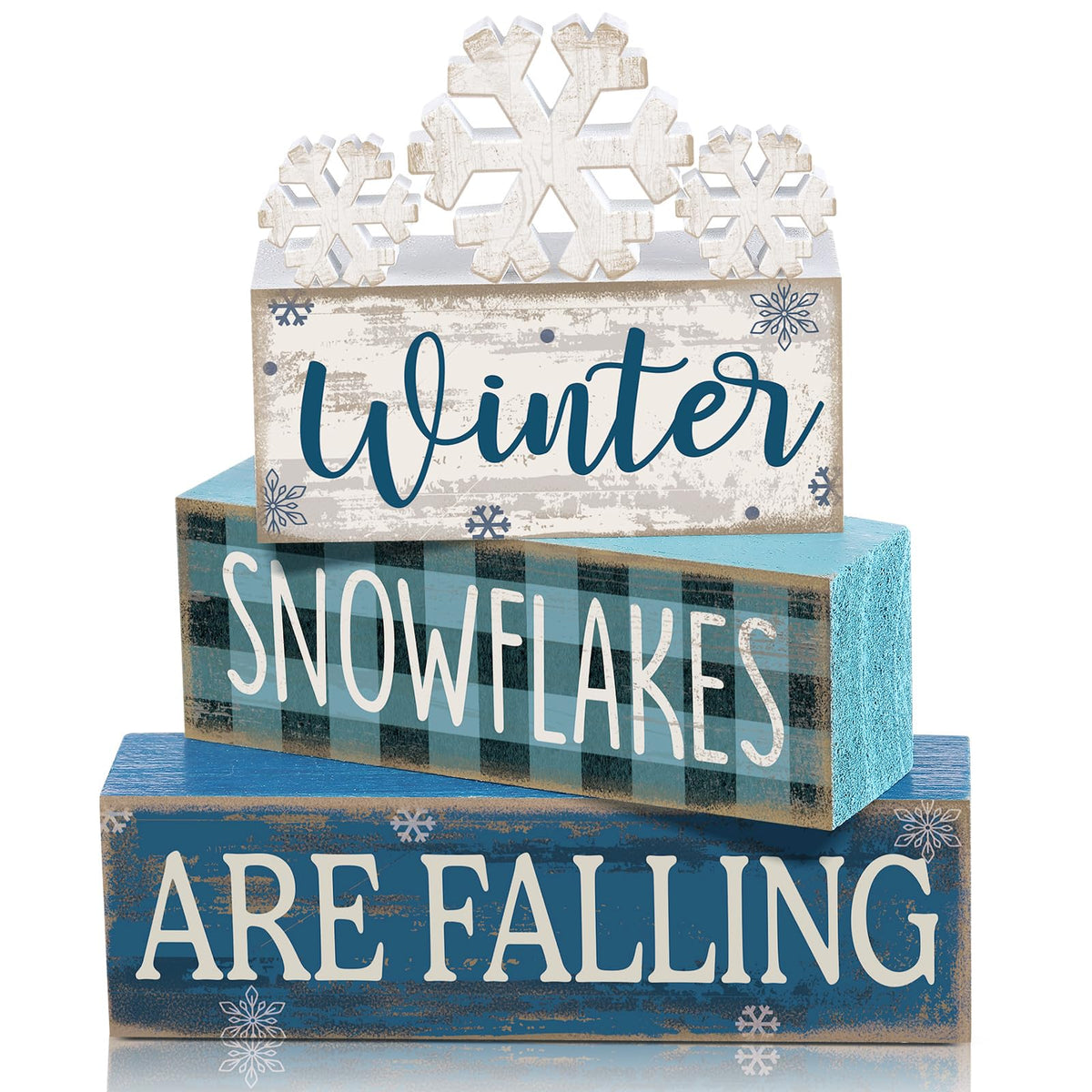 Yuntau 6 Pcs Winter Snowflakes Table Decorations Christmas Snowflake Centerpieces for Tables Winter Tiered Tray Decor Rustic Wood Snow Sign Farmhouse for Wonderland Party Kitchen Shelf Home