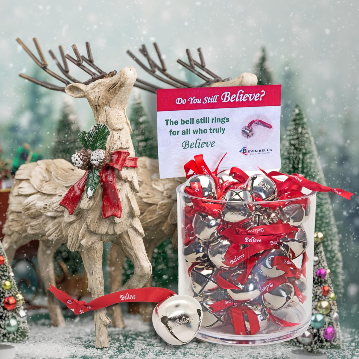 Bevin Bells Believe Sleigh Bells Ornament (3-Pack) | 1.5" Made of Steel | Hanging Bells with a Red Satin Believe Ribbon & Red Velvet Bag | Great Tone | Xmas Gift or Stocking Stuffer | Made in USA