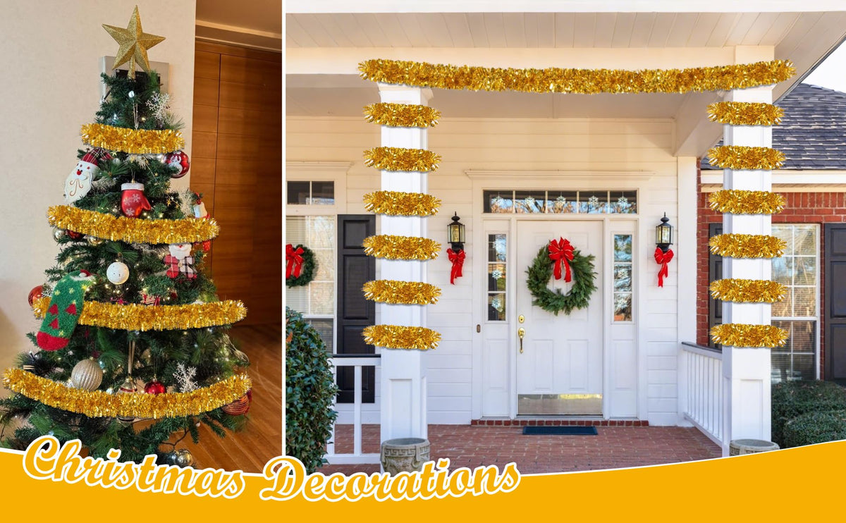50Ft Gold Christmas Garland Decorations,Xams Tinsel Stems Non-Lit Soft Twist Garland Decor for Tree Stairs Railing Front Door Mantle Fireplace Indoor Outdoor Holiday Home